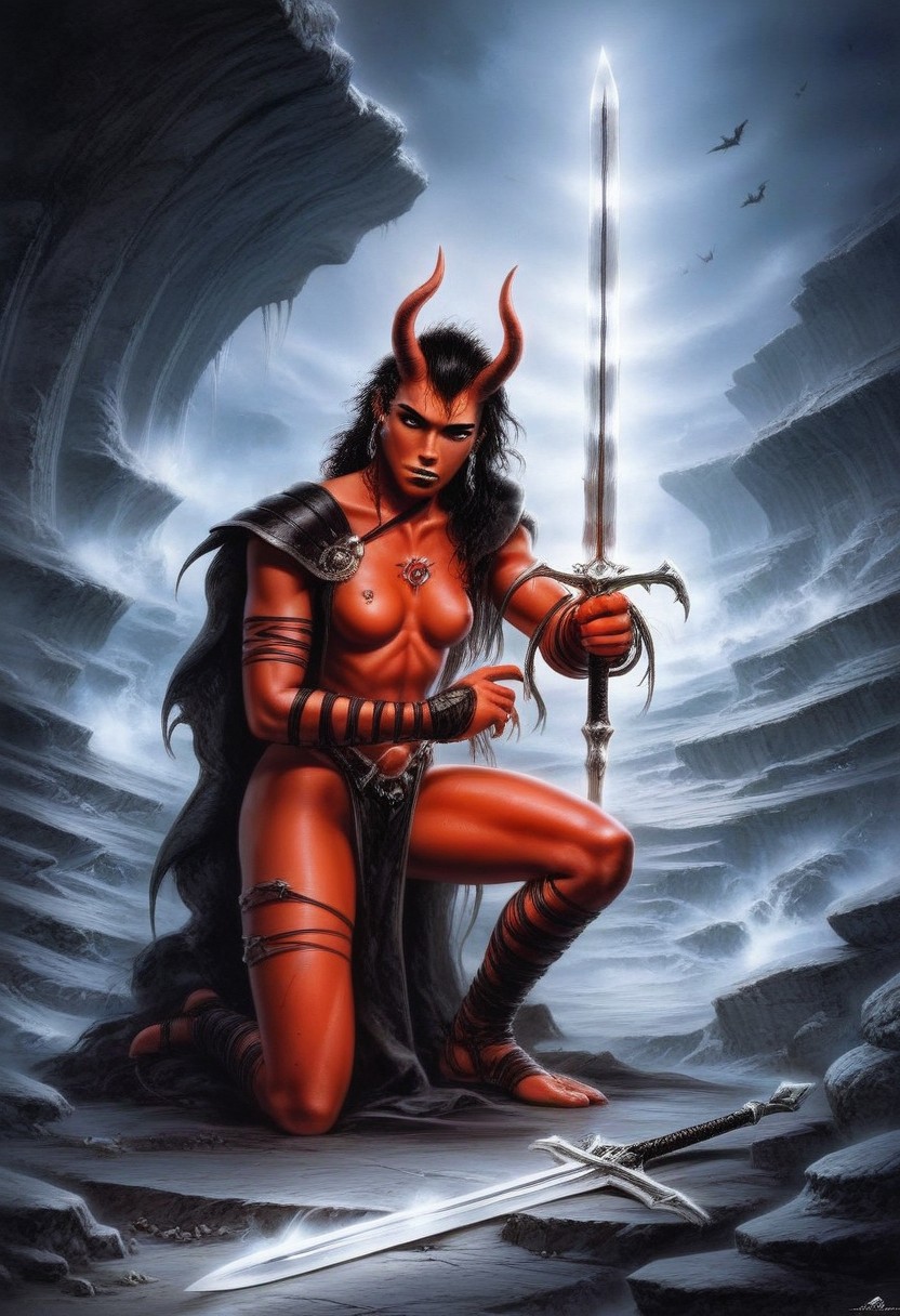 score_9, score_8_up, score_7_up,nsfw,4K, best quality,close-up, masterpiece, extremely detailed, extremely delicate and beautiful, perfect hands, five fingers clutching the hilt of a sword, a girl is on one knee, leaning on a sword, (the sword pierced the chest of a demon: 1.6), (the demon lies on the ground: 1.6), side view,Hold sword, Sword_Up.