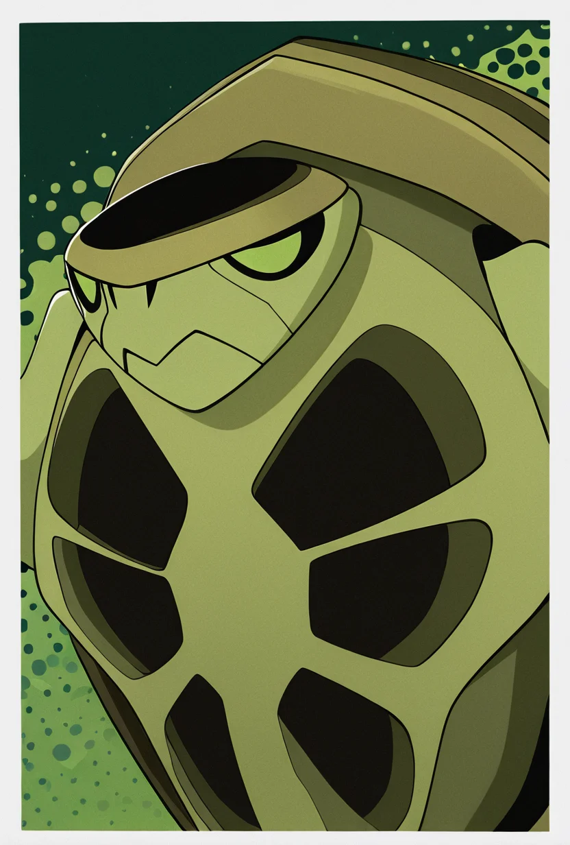 <lora:terraspin-06:1> terraspin, pokemon (creature), solo, no humans, closed mouth, green eyes, green skin, shell, turtle, green background,, masterpiece, best quality, amazing quality, very aesthetic, absurdres, newest,, upper body, halftone effect, white borders, abstract background:1.2,