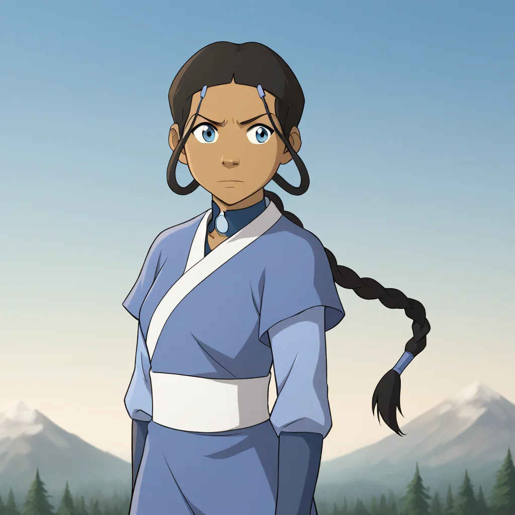 score_8_up, BREAK, katara, 1girl, solo, black hair, blue eyes, braided ponytail, dark skin, hair ornament, dress, upper body, outdoors, blue sky, <lora:Katara_TheLastAirbender_PXL_Leaf1:1>