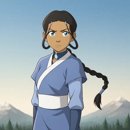 score_8_up, BREAK, katara, 1girl, solo, black hair, blue eyes, braided ponytail, dark skin, hair ornament, dress, upper body, outdoors, blue sky, <lora:Katara_TheLastAirbender_PXL_Leaf1:1>