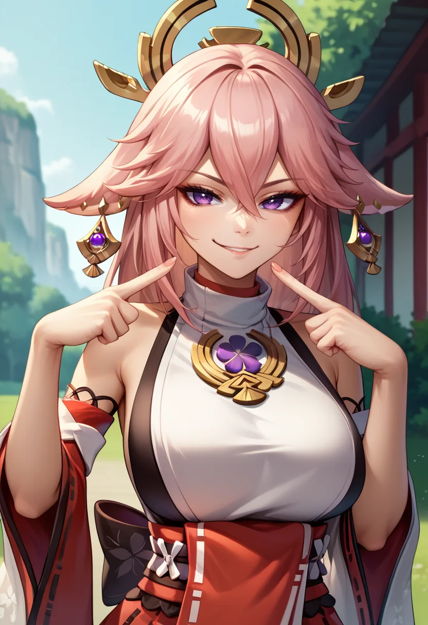 score_9, score_8_up, score_7_up, source_anime, 1girl, duofinger, pointing at self, upper body, yae miko, <lora:DuoIndexFingerPointingAtSelf_XLPD:1>, outdoors, confident, smirk,