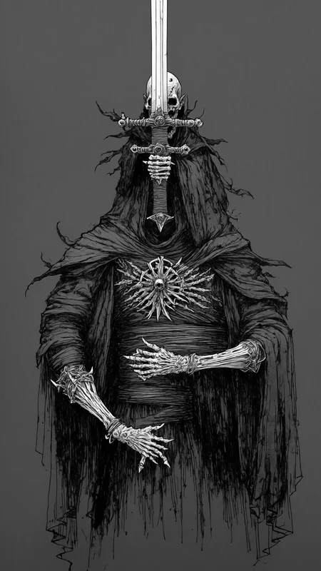 <lora:DarkInkAI:1> DarkInkAI, undead god of swords, bloodink, inksketch