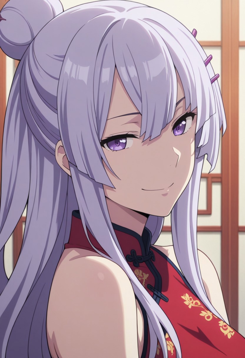 masterpiece,best quality,amazing quality, source_anime, 
Froleytia, 1girl, solo, purple eyes, purple hair, long hair, hair ornament, single hair bun, hair stick, chinese clothes, red dress, bare shoulders, smile, portrait,
indoor,