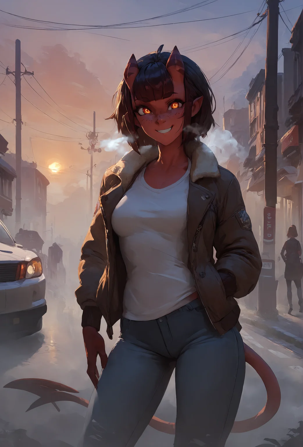 score_9, score_8_up, score_7_up, score_6_up, score_5_up, score_4_up, concept art, fog, street, sunrise BREAK
<lora:meru_succubus_ponyxl_v1_unet:0.75> meru, 1girl, solo, looking at viewer, freckles, medium breasts, shirt, jacket, smile, breath, pants, BREAK
<lora:Styles for Pony Diffusion V6 XL (Concept Art Twilight):1>