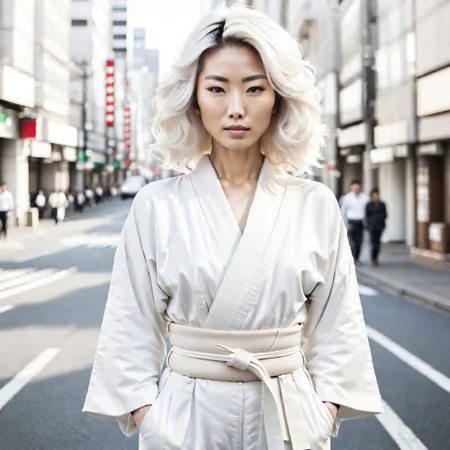 Portrait photography:2.3 of white japanese ethnicity 30 year old woman on city street, young, beautiful, high key (waist portrait:.5)