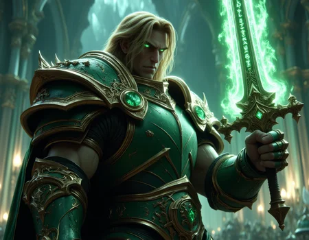 A cinematic ingame screen shot from World of Warcraft on a mighty Paladin knight. He got short flowing blond hair, beautiful face features, green eyes, wearing a green shiny magical armor with golden trimmed detailds. In his right han he is holding a giant glowing greatsword by the handle in a dynamic attack pose. glowing runes along the blad. He is standing in an empty battle field. full body shot. Amazing details, insane quality, hkstyle <lora:hkstyleFluxV3:0.85> <lora:Elden_Ring_-_Yoshitaka_Amano:0.6> <lora:FluxMythP0rtr4itStyle:0.65>