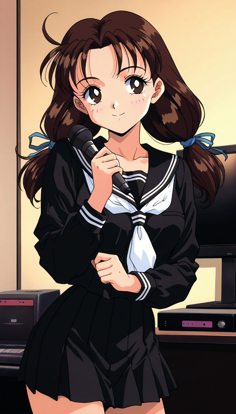 masterpiece, best quality, good quality, <lora:Minegishi_Kyouko_IS:1>  1990s \(style\),anime coloring, 
Minegishi_Kyouko, brown hair, ahoge, brown eyes, breasts, long hair, twintails, hair ribbon, blue ribbon,  
1girl, solo, school uniform, black skirt, blush, black serafuku, long sleeves, smile, 
Karaoke,  karaoke box, monitor, personal computer.
