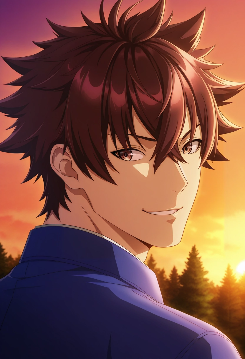 masterpiece, best quality, , (photorealistic:0.6),, 1boy, solo, male focus, <lora:yuuya_tenjou_ilxl:0.96>, yuuya_tenjou, brown hair, brown eyes, short hair, hair between eyes, spiked hair, bangs, , close-up, forest, dusk, looking back, smirk,