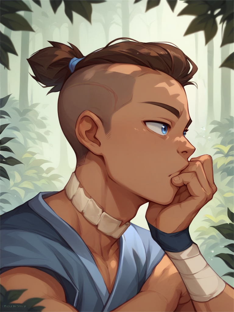 score_9, score_8_up, score_7_up, score_6_up, <lora:S0kka:1> solo, S0kka man, brown hair, topknot, undercut, blue eyes, crouched, thinking, forest background