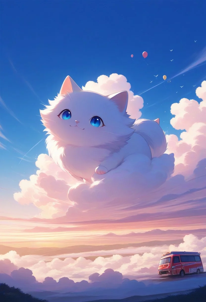 ((cat)),ppstorybook,A whimsical, flying van with rainbow-colored paint and oversized wheels, soaring through the clouds with balloons trailing behind, surrounded by fluffy clouds and playful birds, depicted in a cheerful, cartoonish style with soft pastel hues.,high quality,best quality, amazing quality,
absurdres, very aesthetic, newest, HDR, high detail RAW color art,
intricate details, hyper aesthetic, incredibly absurdres, highres,
BREAK,