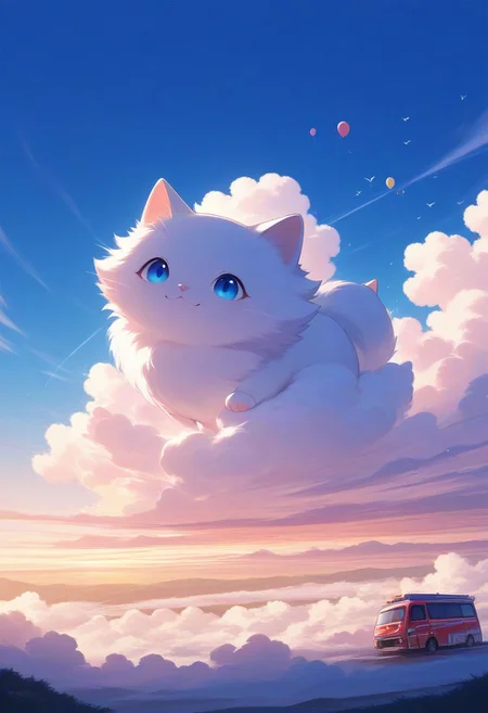 ((cat)),ppstorybook,A whimsical, flying van with rainbow-colored paint and oversized wheels, soaring through the clouds with balloons trailing behind, surrounded by fluffy clouds and playful birds, depicted in a cheerful, cartoonish style with soft pastel hues.,high quality,best quality, amazing quality,
absurdres, very aesthetic, newest, HDR, high detail RAW color art,
intricate details, hyper aesthetic, incredibly absurdres, highres,
BREAK,