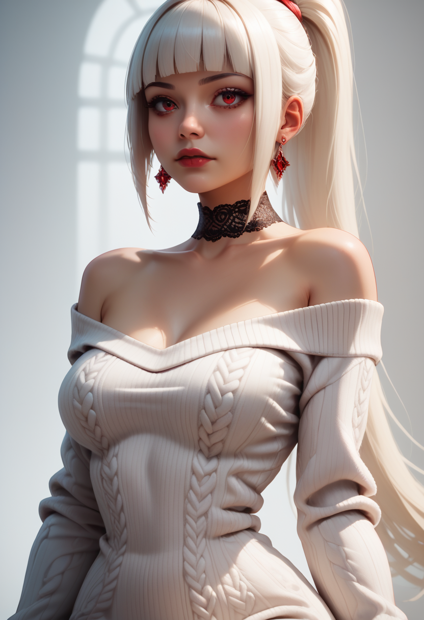score_9, score_8_up, score_7_up,
1girl, solo, wide shot, sexy sweater dress, white dress, scoop neck, long sleeves, bare shoulders, lace choker, ruby earrings,
<lora:Dark_Sayuki_Pony_v0.1:0.5> d4rks4yuk1, hime cut, ponytail,