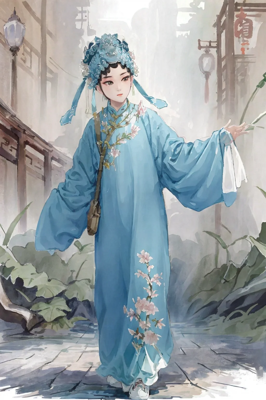 xiaosheng,1boy,green chinese cloth, beauty, (trees:0.5), (flowers:0.6) ,(birds:0.2), (bamboo0.1), lakes, Hangzhou,look looking at viewer,