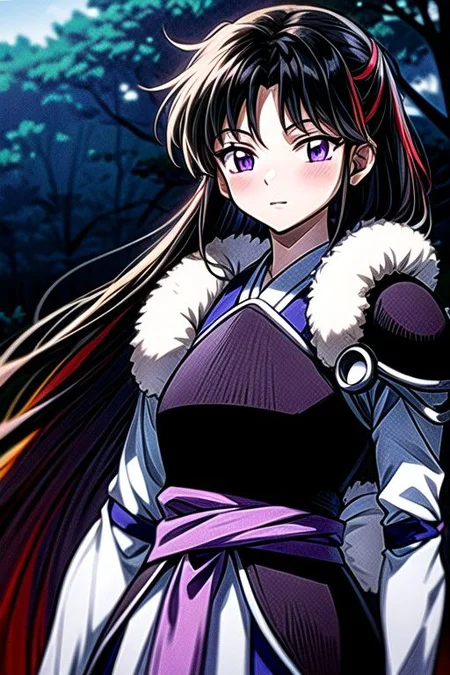 masterpiece, best quality 1girl Setsun4 solo long hair, (night time) forest background black hair very long hair purple eyes multicolored hair armor (fur trim) (medium body),<lora:EMS-179-EMS:0.800000>,<lora:EMS-293862-EMS:0.800000> bow, hair_bow, hair_tubes, red_bow, brown_hair, long_hair, bangs, ascot, frilled_bow, yellow_ascot, blush, smile, hair_between_eyes, athletic, armor, miko