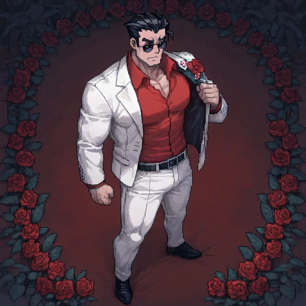 masterpiece, best quality, newest, absurdres, highres, PCSVIL-V1.0, pixel art, 1boy, helltaker (helltaker), black hair, short hair, muscular, muscular male,
sunglasses, glasses,
white jacket, white pants, black belt, red shirt, formal clothes, flower in clothes, open jacket