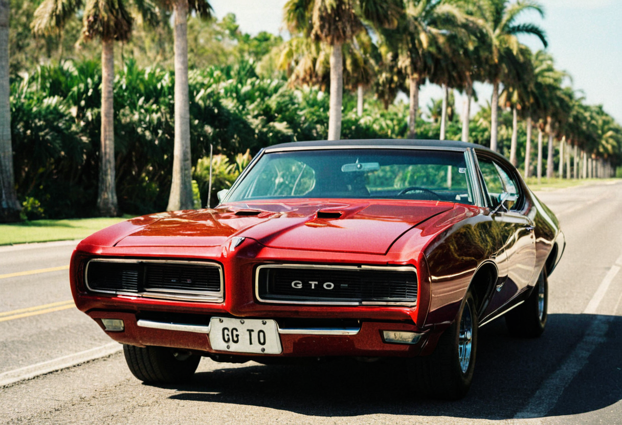 VintageMuscleCar, Pontiac GTO, front side view, road, palm trees, landscape, outdoors, 4K, highly detailed, (stylish grainy analog 35mm film photo)