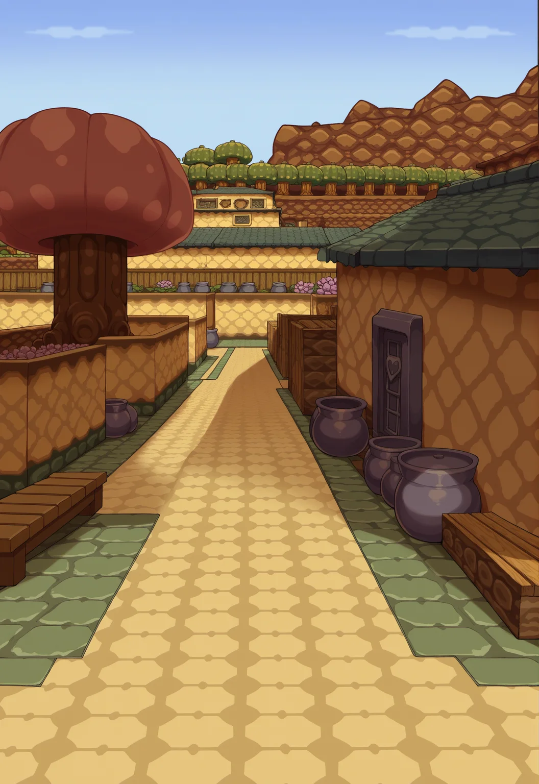 score_9, score_8_up, score_7_up, score_6_up, source anime
BREAK
stone road, LttPKV, outdoors, rocky terrain, brown hills, tree, bush, yellow house, blue roof, chest, wooden bench, green carpet, pot wall, pink flower, autumn, day, daylight, blue sky, cloud, scenery, no humans <lora:ToZ-LttP_Kakariko_Village_Style_Background:0.6>