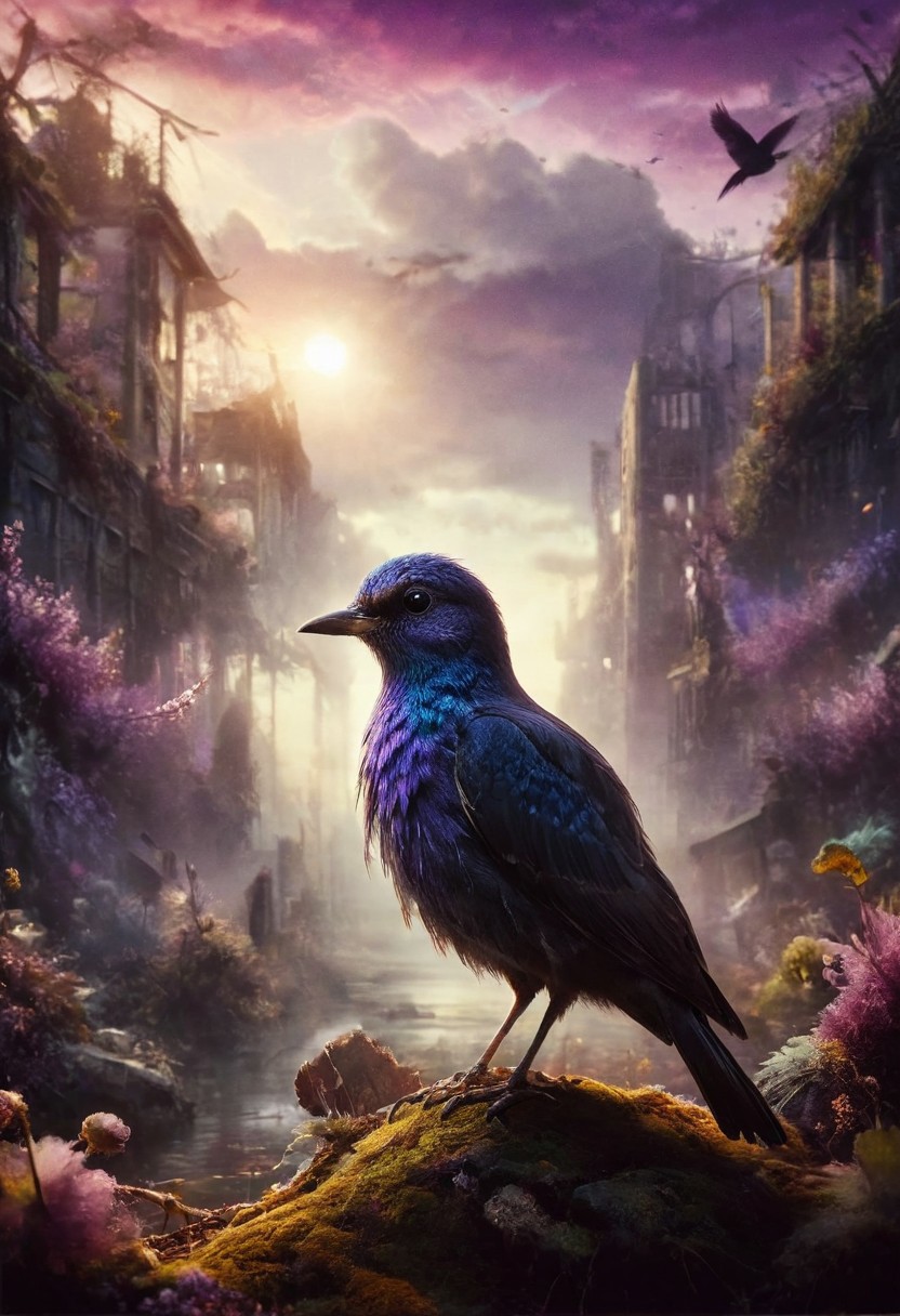 ral-apoctvisn, dark, chiaroscuro, low-key, breathtaking masterpiece showcasing a gorgeous little bird, Violet-crowned nymph,  bathed in soft, golden morning light, surrounded by vibrant bokeh balls that frame its delicate form. The image will be rendered in sharp detail, capturing every feather and intricate feature of the bird with stunning clarity. The soft, diffused lighting will enhance the warmth and radiance of its plumage, while high-quality bokeh adds a magical touch to the scene. Multiple image exposures will be expertly combined to emphasize the bird's vibrant colors and captivating gaze, resulting in a lifelike portrayal of tranquil beauty.
The artwork will feature shimmering digital colors in a mixed media style on textured paper, creating an overlapping, asymmetrical, abstract composition bursting with vibrant hues. Every inch of the image will be filled with intricate details, from the feathers of the nymph to the surrounding environment, all depicted in extreme detail. The wide range of colors will add depth and richness to the scene, with soft shadows and low saturation tones creating a serene yet evocative atmosphere.
With insane quality, resolution, and details, the final image will be a true masterpiece of nature photography, showcasing dramatic, dynamic, and cinematic elements. The sharp details will bring the scene to life, immersing viewers in the beauty and wonder of the Violet-crowned nymph in a way that is both breathtaking and captivating.