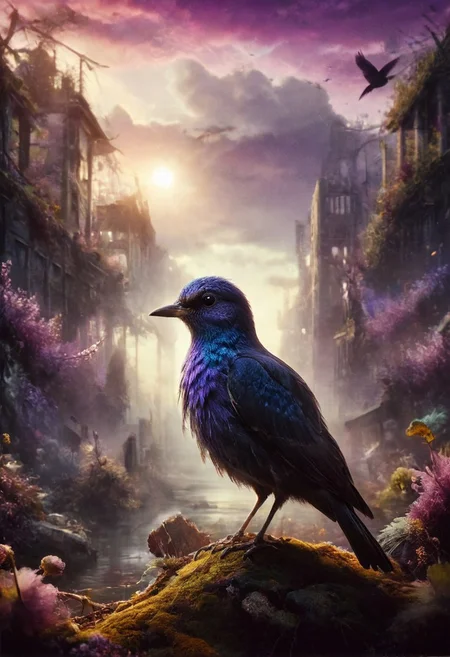 ral-apoctvisn, dark, chiaroscuro, low-key, breathtaking masterpiece showcasing a gorgeous little bird, Violet-crowned nymph,  bathed in soft, golden morning light, surrounded by vibrant bokeh balls that frame its delicate form. The image will be rendered in sharp detail, capturing every feather and intricate feature of the bird with stunning clarity. The soft, diffused lighting will enhance the warmth and radiance of its plumage, while high-quality bokeh adds a magical touch to the scene. Multiple image exposures will be expertly combined to emphasize the bird's vibrant colors and captivating gaze, resulting in a lifelike portrayal of tranquil beauty.
The artwork will feature shimmering digital colors in a mixed media style on textured paper, creating an overlapping, asymmetrical, abstract composition bursting with vibrant hues. Every inch of the image will be filled with intricate details, from the feathers of the nymph to the surrounding environment, all depicted in extreme detail. The wide range of colors will add depth and richness to the scene, with soft shadows and low saturation tones creating a serene yet evocative atmosphere.
With insane quality, resolution, and details, the final image will be a true masterpiece of nature photography, showcasing dramatic, dynamic, and cinematic elements. The sharp details will bring the scene to life, immersing viewers in the beauty and wonder of the Violet-crowned nymph in a way that is both breathtaking and captivating.