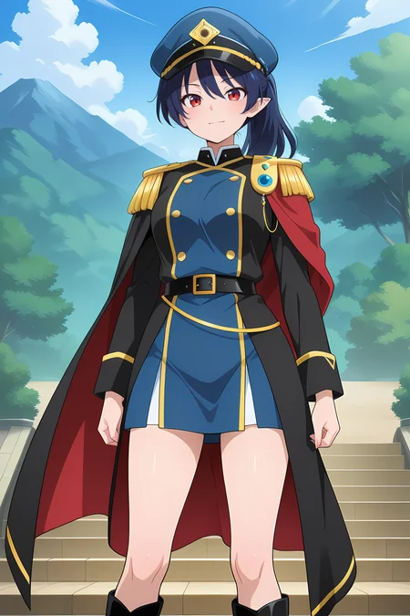 absurdres, highres, masterpiece, best quality, amazing quality, official anime artwork, screencap, anime screencap, outdoors, looking at viewer, light smile, dynamic pose, standing, 
 <lora:Megumu-Iizunamaru_Illustrious:1> iizunamaru megumu, 1girl, solo, red eyes, blue hair, long hair, ponytail,, alternate costume, blue cap, peaked cap, blue dress, buttons, double-breasted,  military uniform, short dress, black coat, long sleeves, black sleeves, red cape, belt, epaulettes,  gold trims, black boots, knee boots,