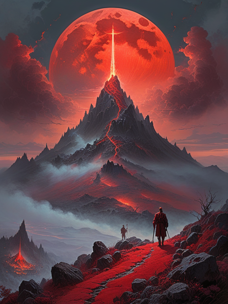 <lora:SS02ImpressionisticPainting_Hap_XL:1.7>,Thomas Kinkade style, <lora:add-detail-xl:0.1> mountain of the dead, landscape, volcano, ash, gray stone, ghoul, halo, digital artwork by Beksinski, vibrant colors, red theme, full moon,