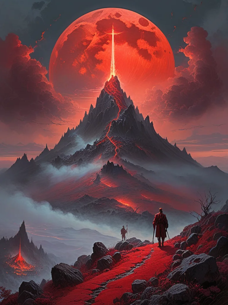 <lora:SS02ImpressionisticPainting_Hap_XL:1.7>,Thomas Kinkade style, <lora:add-detail-xl:0.1> mountain of the dead, landscape, volcano, ash, gray stone, ghoul, halo, digital artwork by Beksinski, vibrant colors, red theme, full moon,