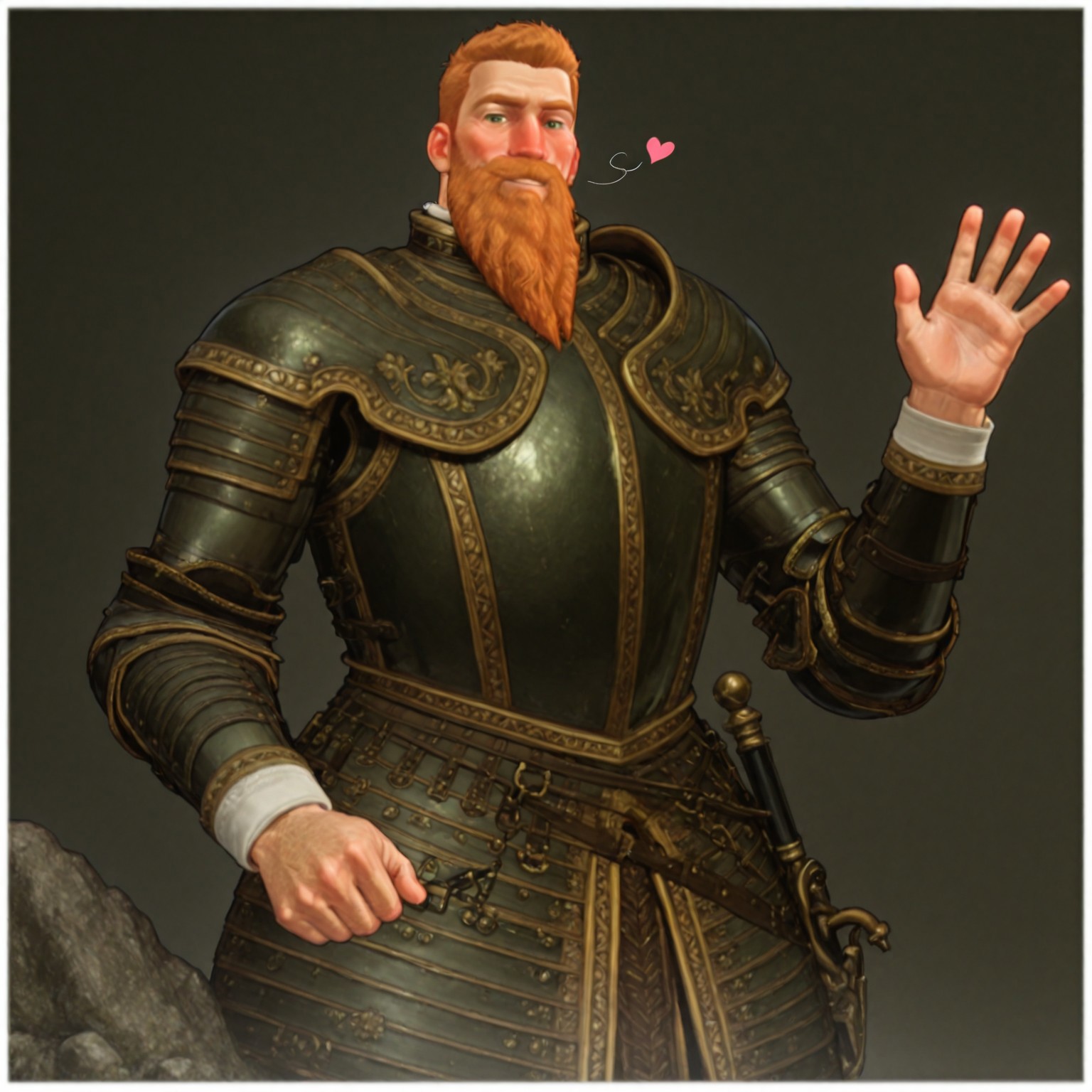 masterpiece, best quality, newest, absurdres, highres, Diz_D00dz, white borders around characters, soft light, BREAK bara, muscular, 1man, male focus, male, male focus, 1boy, GustavusIICIVV, dark green eyes, ginger hair, short hair, facial hair, long beard, mustache, handlebar moustache, thin eyebrows, metal armor, {{beefy}}, {{muscular}}, {{large}}, smirk, looked at the viewer, close up to face, blushing, smiling, hearts, waving his hand, on the rock, light gray sky