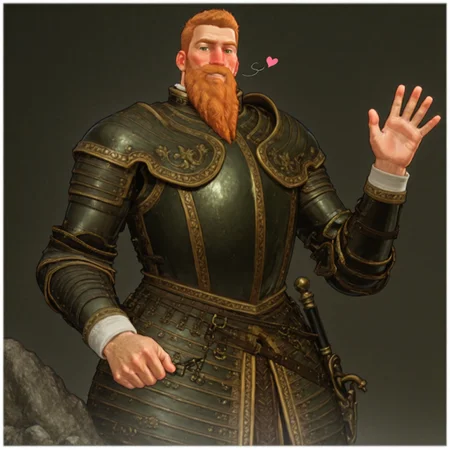 masterpiece, best quality, newest, absurdres, highres, Diz_D00dz, white borders around characters, soft light, BREAK bara, muscular, 1man, male focus, male, male focus, 1boy, GustavusIICIVV, dark green eyes, ginger hair, short hair, facial hair, long beard, mustache, handlebar moustache, thin eyebrows, metal armor, {{beefy}}, {{muscular}}, {{large}}, smirk, looked at the viewer, close up to face, blushing, smiling, hearts, waving his hand, on the rock, light gray sky