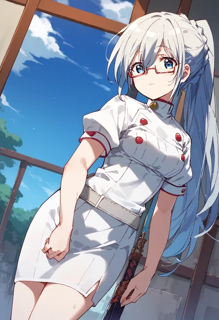 score_9,score_8_up,score_7_up,source_anime,zPDXL3,
*//*,<lora:Eleonora-v1.0-000009:1>,eleonora_bonnefoy,1girl,long hair,grey hair,blue eyes,medium breasts,ponytail,nurse,belt,glasses,semi-rimless eyewear,red-framed eyewear,
*//*,cowboy shot,dutch angle,