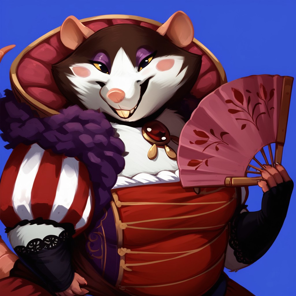 score_9, score_8_up, score_7_up, Expressiveh, masterpiece, best quality, highly detailed, realistic,  1girl, solo, (GriotteAM, furry, anthro, female rodent, female rat, blush marks, purple eyeshadow, yellow sclera, black eyes, pink nose, brown body, brown fur, white body, white fur, two tone body, two tone fur, rat tail, buckteeth, overweight female, dress, black armwear, red jewel necklace), upper body, close-up, blue background, simple background, closed mouth, smile, looking at viewer, hand fan, holding fan, blood on face, wide eyes, menacing, 5 fingers