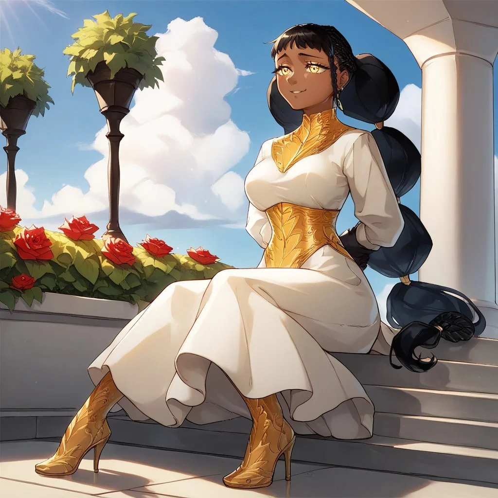 safe_pos, Desscaras, tied hair, 1girl, girl, female, woman, dark skin, yellow eyes, black hair, asymmetrical bang, beautiful, gorgeous, perfection, ((full body visible)), showing heels, showing boots, (full bod)), (full view), full dress, visible boots, black boots with gold details, highly detailed, masterpiece, HD, best quality, perfect anatomy, perfect eyes, perfect face, detailed eyes, detailed face, hands behind waist, hands hidden behind back, perfect hands, perfect fingers, small gold earring, asymmetrical earrings, white dress, gold detail, white clothing, white and gold dress, cute, garden, smug, shiny, big braids, round face, round braids, round tied hair, breasts, hair behind back, oldschool anime, 90s anime artstyle, black gloves, score_9_up, score_8_up, score_7_up
