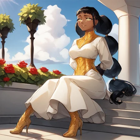 safe_pos, Desscaras, tied hair, 1girl, girl, female, woman, dark skin, yellow eyes, black hair, asymmetrical bang, beautiful, gorgeous, perfection, ((full body visible)), showing heels, showing boots, (full bod)), (full view), full dress, visible boots, black boots with gold details, highly detailed, masterpiece, HD, best quality, perfect anatomy, perfect eyes, perfect face, detailed eyes, detailed face, hands behind waist, hands hidden behind back, perfect hands, perfect fingers, small gold earring, asymmetrical earrings, white dress, gold detail, white clothing, white and gold dress, cute, garden, smug, shiny, big braids, round face, round braids, round tied hair, breasts, hair behind back, oldschool anime, 90s anime artstyle, black gloves, score_9_up, score_8_up, score_7_up