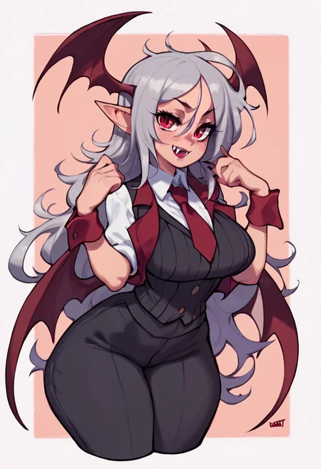 solo, 1girl , vampire , fang , grey hair , red eye , long eyelashes , red waistcoat , white undershirt , black vest pants , necktie , wrist cuffs , perverted smile , long hair , messy hair , parted bangs , messy bangs , blushing , big breasts , large hips , voluptuous , pointy ear , bat wings ,
zPDXL3 , score_9 , score_8 , score_7 , score_6_up , highly detailed ,