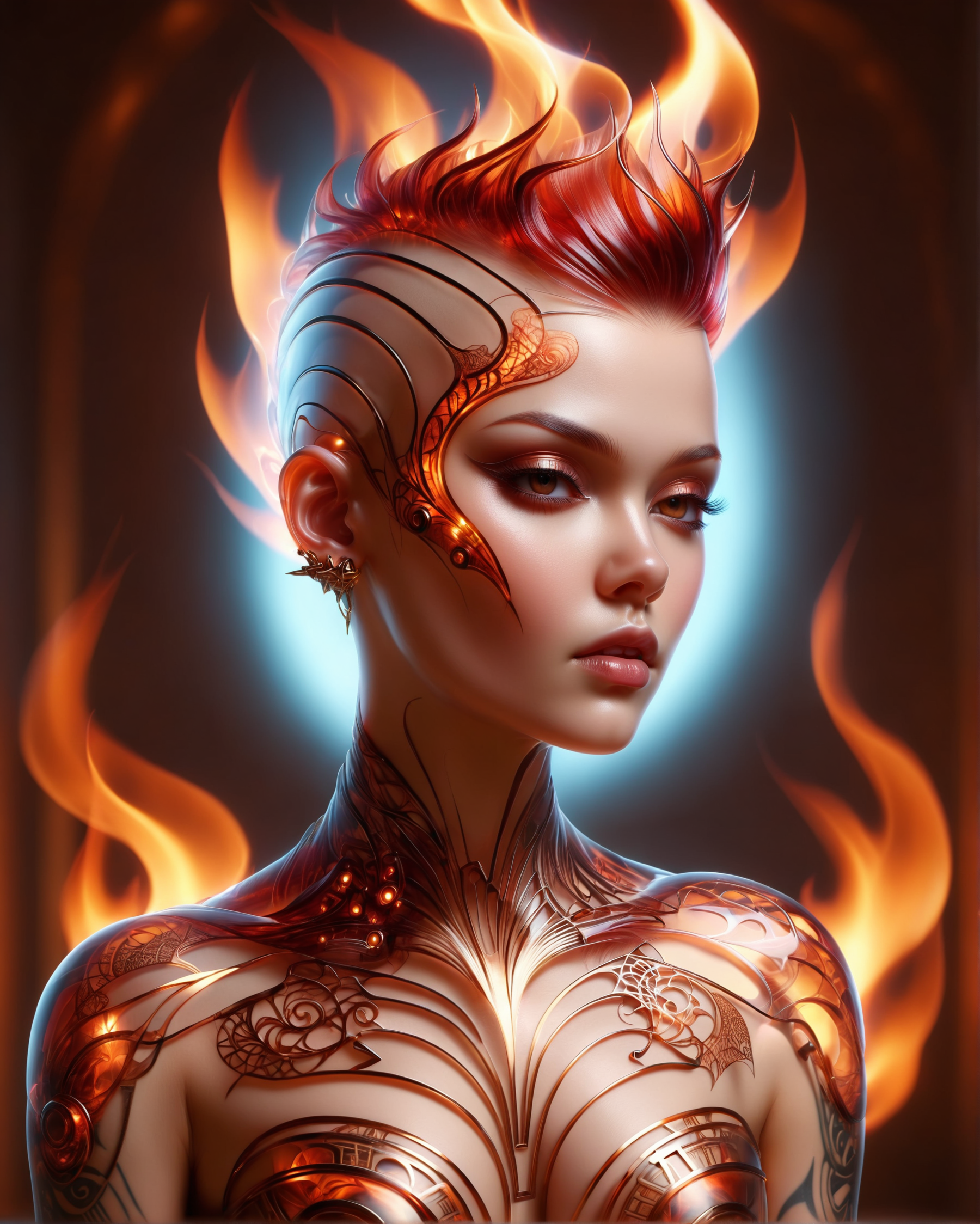 portrait floating woman, pixie mohawk haircut, afrofuturism tribal tattoo, burning inside, selective focus, vray tracing, [faberge::8] metallic shell structure wrapped around, filigree, fractal patterns BREAK sunset, futuristic metropolis, magical ambient, magnificent
<lora:dvr-trd:1> dvr-trd