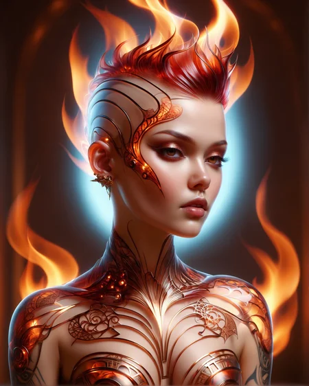 portrait floating woman, pixie mohawk haircut, afrofuturism tribal tattoo, burning inside, selective focus, vray tracing, [faberge::8] metallic shell structure wrapped around, filigree, fractal patterns BREAK sunset, futuristic metropolis, magical ambient, magnificent
<lora:dvr-trd:1> dvr-trd