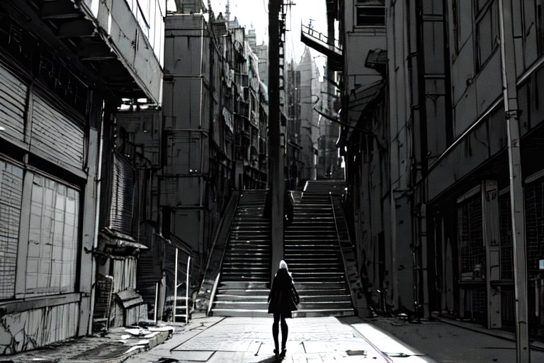 highly insanely detailed, masterpiece, top quality, best quality, highres, 4k, 8k, RAW photo, (very aesthetic, beautiful and aesthetic),  
tsutomu nihei,nihei_tsutomu,blame!,blame gakuen!,abara,TNstyle,sidonia_no_kishi,(stairs,tower,city ruins), 
<lora:blameLora_v10:0.6>, 
(1girl:1.3), 
solo focus, 
located in an urban scene at a scenic bus stop,âââ