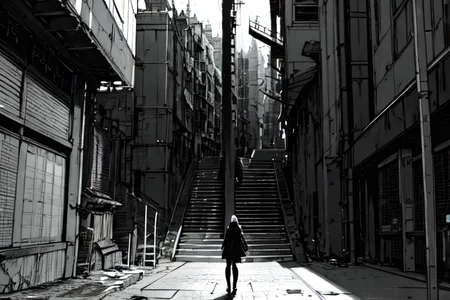 highly insanely detailed, masterpiece, top quality, best quality, highres, 4k, 8k, RAW photo, (very aesthetic, beautiful and aesthetic),
tsutomu nihei,nihei_tsutomu,blame!,blame gakuen!,abara,TNstyle,sidonia_no_kishi,(stairs,tower,city ruins),
<lora:blameLora_v10:0.6>,
(1girl:1.3),
solo focus,
located in an urban scene at a scenic bus stop,âââ