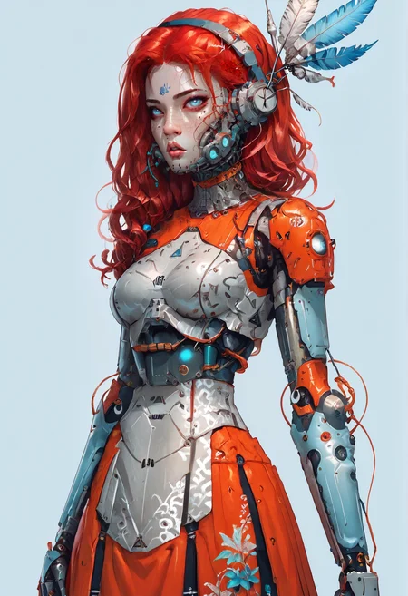score_9,score_8_up,score_7_up,score_6_up,score_5_up,score_4_up,1 girl,solo,female focus,looking at the spectator,(Round face, light blue eyes, soft lips, long straight red hair, 5'6", 128 lbs, medium breasts, narrow waist, hourglass shape, a feather tattoo on the hip, fair skin with a slight tan, round cheeks, and a defined jawline.:1.3),(A silver lace bra teamed with a royal blue puffy mini skirt, completed with sleek silver high heels on a platform, with intricate lace patterns and a voluminous skirt made of shimmering silk, creating a striking and elegant contrast.:1.3),(plain contrasting background:1.3),(full-length:1.5),hands,Perfect hand,Perfect feet,Perfect eyes,cyb0rg,science fiction,cable,mechanical parts,<lora:feet v3:1>,<lora:hand 4:1>,<lora:PerfectEyesXL:1>,zPDXL2,zPDXLpg,<lora:cyb0rgXLP:0.8>,<lora:add-detail-xl:1>,<lora:DP-Pony:1>,p33rs,<lora:incase-ilff-v3-4:0.2>,