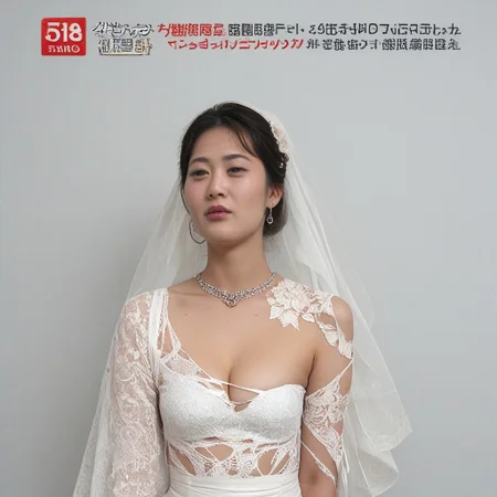 (score_9, score_8_up:1.1), score_7_up, sexy, slave girl, japane5etvvariety5how, japanese text, on-screen text, bride and groom, age difference, torn_clothes, bdsm, submissive_female, television studio