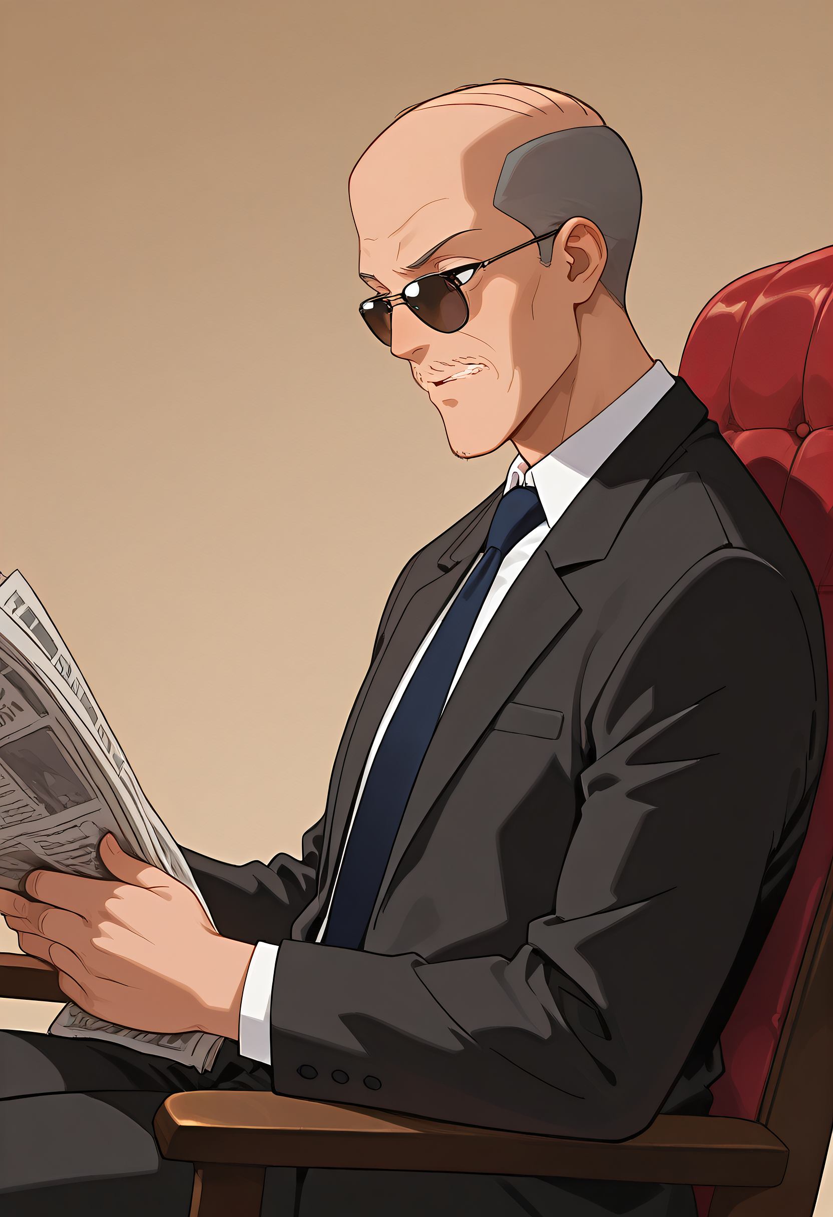 embedding:Illustrious\Positive\IllusP0s, embedding:Illustrious\Positive\IllustriousQual, 1boy, jerry_ts!, bald, grey hair, brown eyes, slim, mustache, facial hair, black suit, formal, tie, sunglasses, TomReadingTheNewspaper, sitting, newspaper, chair, reading, best quality, high resolution, masterpiece