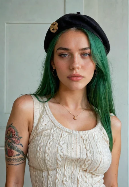 score_9,score_8_up,score_7_up BREAK 1girl,hipster,wool beret,sweater,neon green hair,vest,tattoos,highly detailed,detailed skin,depth of field,film grain,<lora:igbaddie-PN:0.8>.igbaddie