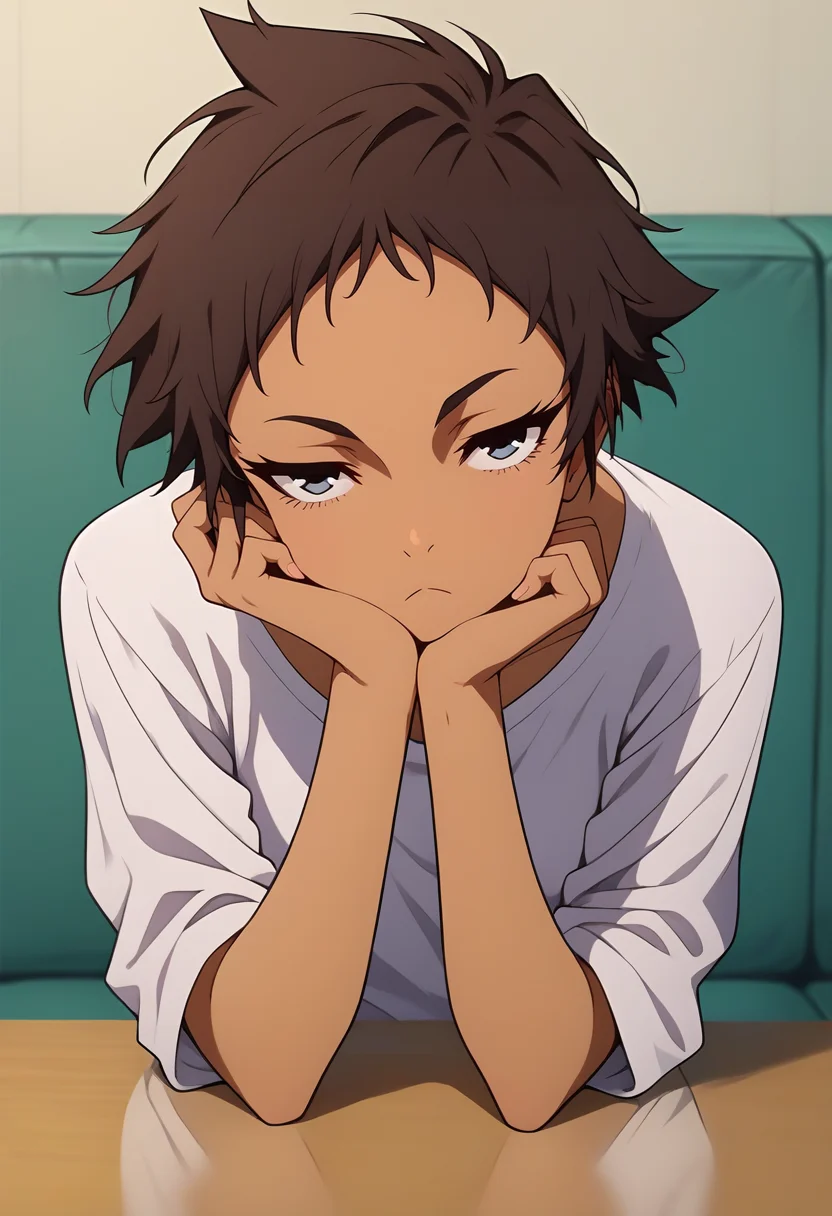 score_9, score_8_up, score_7_up,score_6_up, source_anime,indoors,pov across table, g4n1m3, <lora:g4n1m3XLP:1>
BREAK
abigail jones, 1girl, dark skin,short hair, tomboy,bored, white shirt, oversized shirt,sitting, head rest,  looking at viewer,walking, head tilt,20 y.o girl,medium breasts,   <lora:abi-06:0.9>