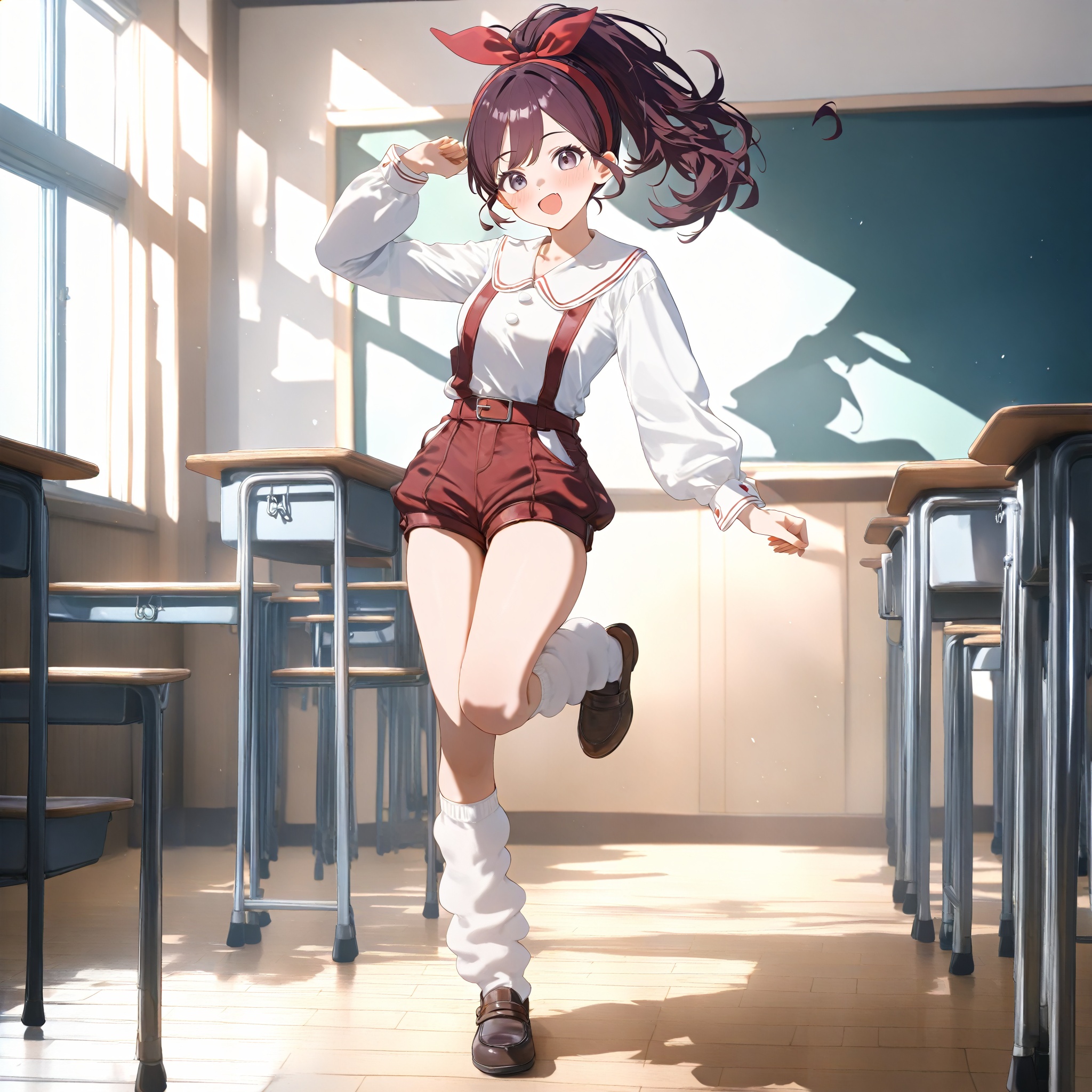 1 girl, solo, full body, Ruirui, red bowknot on hair, dark maroon hair, medium hair, high ponytail, wide collar, white shirt, white long sleeves, (red overall:0.7), minipants, long kneesocks, bubble socks, brown shoes, standing on one foot, classroom, masterpiece, high score, great score, absurdres, detailed background <lora:Ruirui40XL:1>