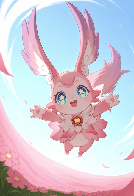 <lora:mimi_v1-000024:1>,
MIMI_HSR,blue eyes,solo,simple background,full body,pink fur,standing,smile,looking at viewer,star-shaped pupils,:3,white pupil,white_background,in a meadow,outdoors,from_above,looking up,flying,arms up,upper teeth only,open mouth