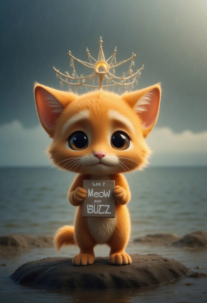 a very cute little orange cat with watery eyes, lost on an island, This very cute little cat holds a sign, with "Meow for Buzz" written on the sign, only one sign,
sad expression, perfect masterpiece, watery eyes, raining, puddle, mud,
<lora:Add_More_details_Flux:1>