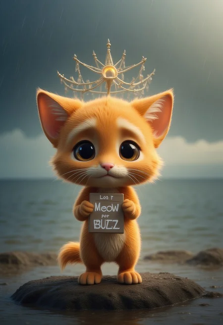 a very cute little orange cat with watery eyes, lost on an island, This very cute little cat holds a sign, with "Meow for Buzz" written on the sign, only one sign,
sad expression, perfect masterpiece, watery eyes, raining, puddle, mud,
<lora:Add_More_details_Flux:1>