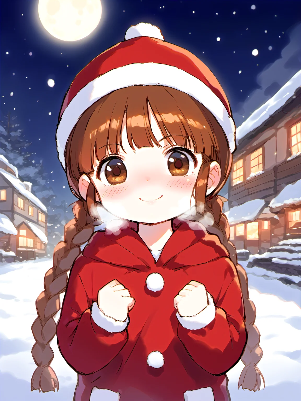 score_9, score_8_up, score_7_up,source_anime,uncensored,good_hands,<lora:pony_good_hands:0.9>
outdoors, Middle Ages ,volumetric lighting,Winter, snow,Night, moon, starry sky
grgrkukuri, long hair, twin braids, brown hair,brown eyes,
flat chest,
1girl,solo,girl focus, cute,full-face blush,upper body, hands on chest,blush ears,
up face,(close up face:1.2), clenched hands, pout one's lips,smile,
Fur coats, red coats,Santa Costume,hat,
(heavy breathing,respiratory vapour:1.2),
, (chibi girl,child girl,skinny girl:1.2),
, <lora:witchP4_SDXL_pony_fp16:1>