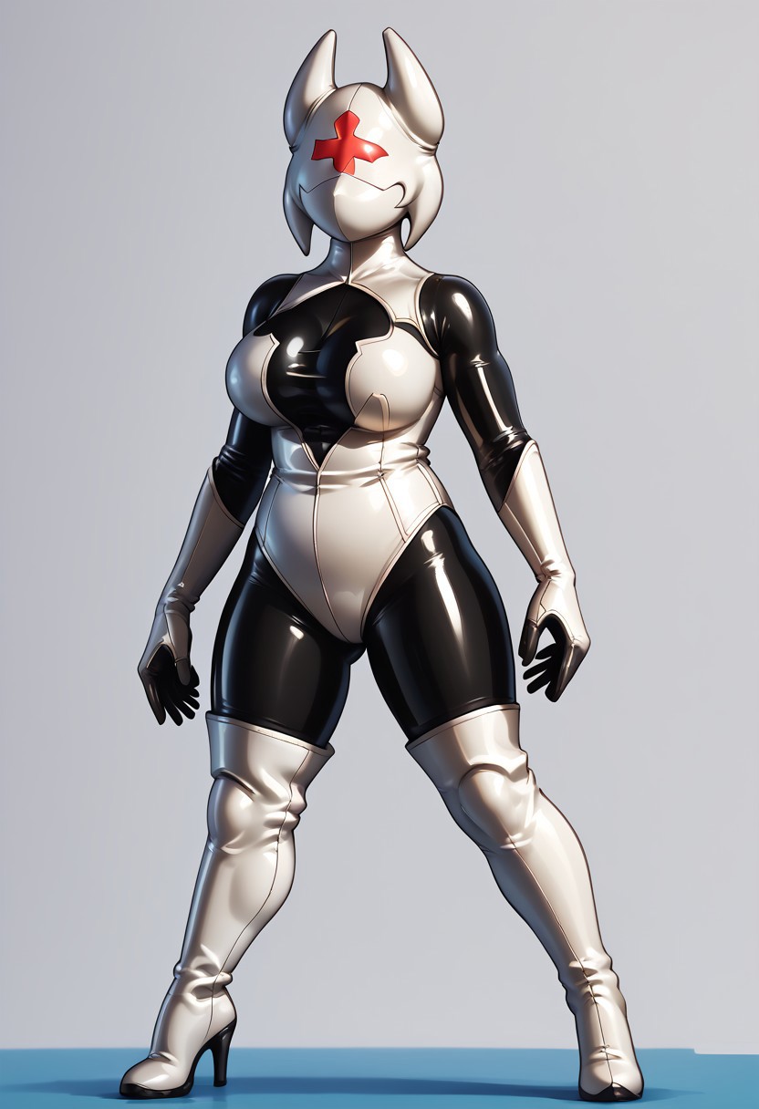 Score_10, score_9, score_8, full body, solo, 1girl, mature female, curvy, large breasts, shyhero, gloves, looking at viewer, elbow gloves, mask, white gloves, white hair, white leotard, thigh boots, libredrone, latex, rubber, no face, no eyes, no nose, no mouth