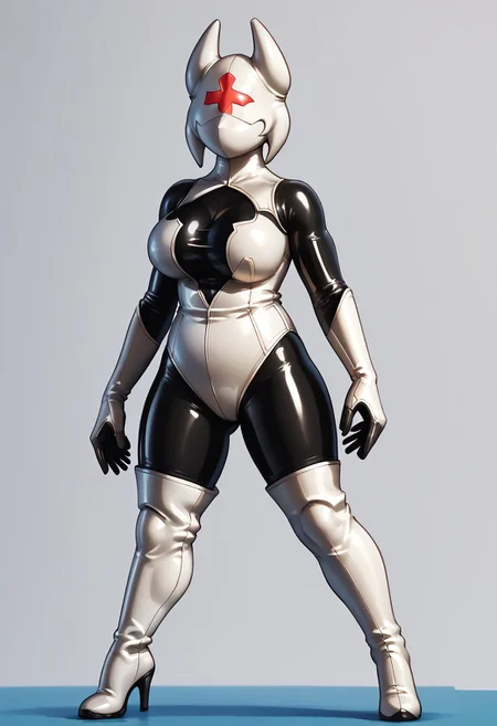 Score_10, score_9, score_8, full body, solo, 1girl, mature female, curvy, large breasts, shyhero, gloves, looking at viewer, elbow gloves, mask, white gloves, white hair, white leotard, thigh boots, libredrone, latex, rubber, no face, no eyes, no nose, no mouth