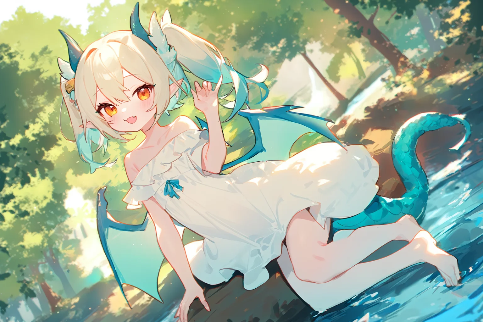 <lora:kohaku-xl-delta-lyco-step00028000:1.0>
1girl,
(fukuro daizi:1.1), kz oji, (henreader:0.9), (ask \(askzy\), aki99, ama mitsuki, ciloranko:0.9), kaede \(sayappa\),
masterpiece, newest, absurdres,
 solo, dragon girl, dragon tail, dragon wings, dragon horns, white dress, long hair, side up, river, tree, forest, pointy ears, 1girl, :3, angel wings, bell, blonde hair, blue hair, blush, breasts, collarbone, dress, eyes visible through hair, fang, full body, hair between eyes, horns, looking at viewer, nature, off shoulder, open mouth, orange eyes, outdoors, smile, tail, twintails, wings
